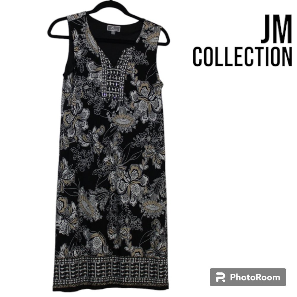 JM Collection Petite Sleeveless Black Print Shift Dress